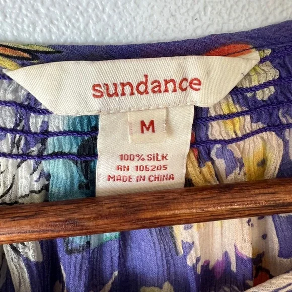 Sundance Blouse M Purple 100% Silk Floral Sheer Peasant Top Boho Cottagecore - Picture 3 of 10